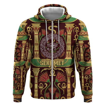 Sekhmet Zip Hoodie with Eye of Ra and Sacred Lion Symbol in Egyptian Healer