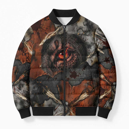 Menhit Egyptian Bomber Puffer Jacket Warrior Goddess Fiery Lion Eye Arrows and Blood Battle