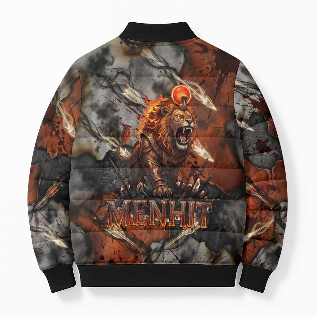 Menhit Egyptian Bomber Puffer Jacket Warrior Goddess Fiery Lion Eye Arrows and Blood Battle