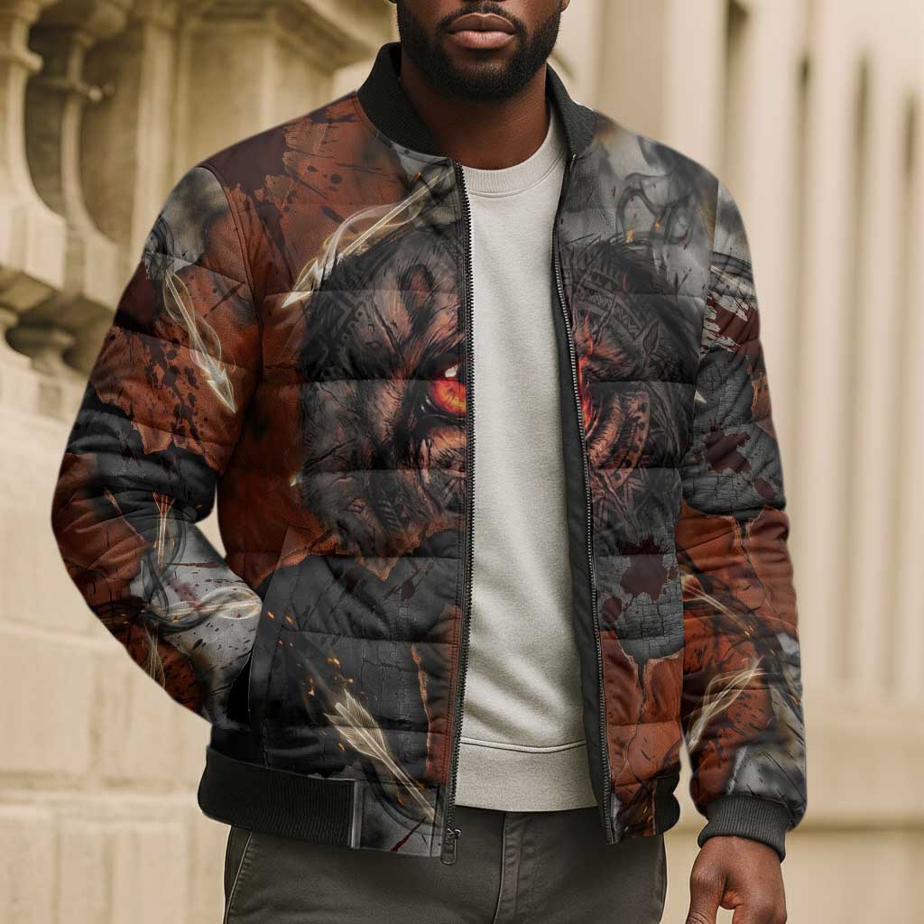 Menhit Egyptian Bomber Puffer Jacket Warrior Goddess Fiery Lion Eye Arrows and Blood Battle