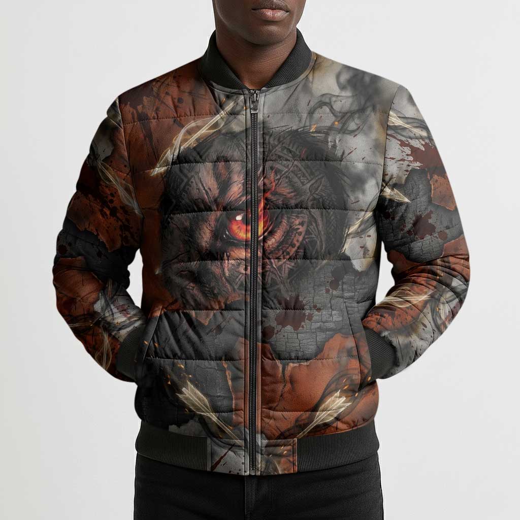 Menhit Egyptian Bomber Puffer Jacket Warrior Goddess Fiery Lion Eye Arrows and Blood Battle