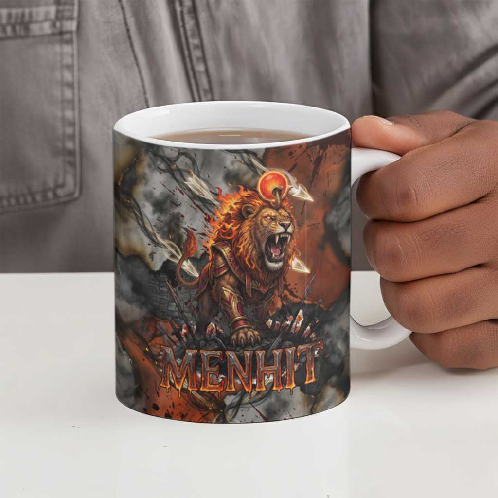 Menhit Egyptian Ceramic Mug Warrior Goddess Fiery Lion Eye Arrows and Blood Battle