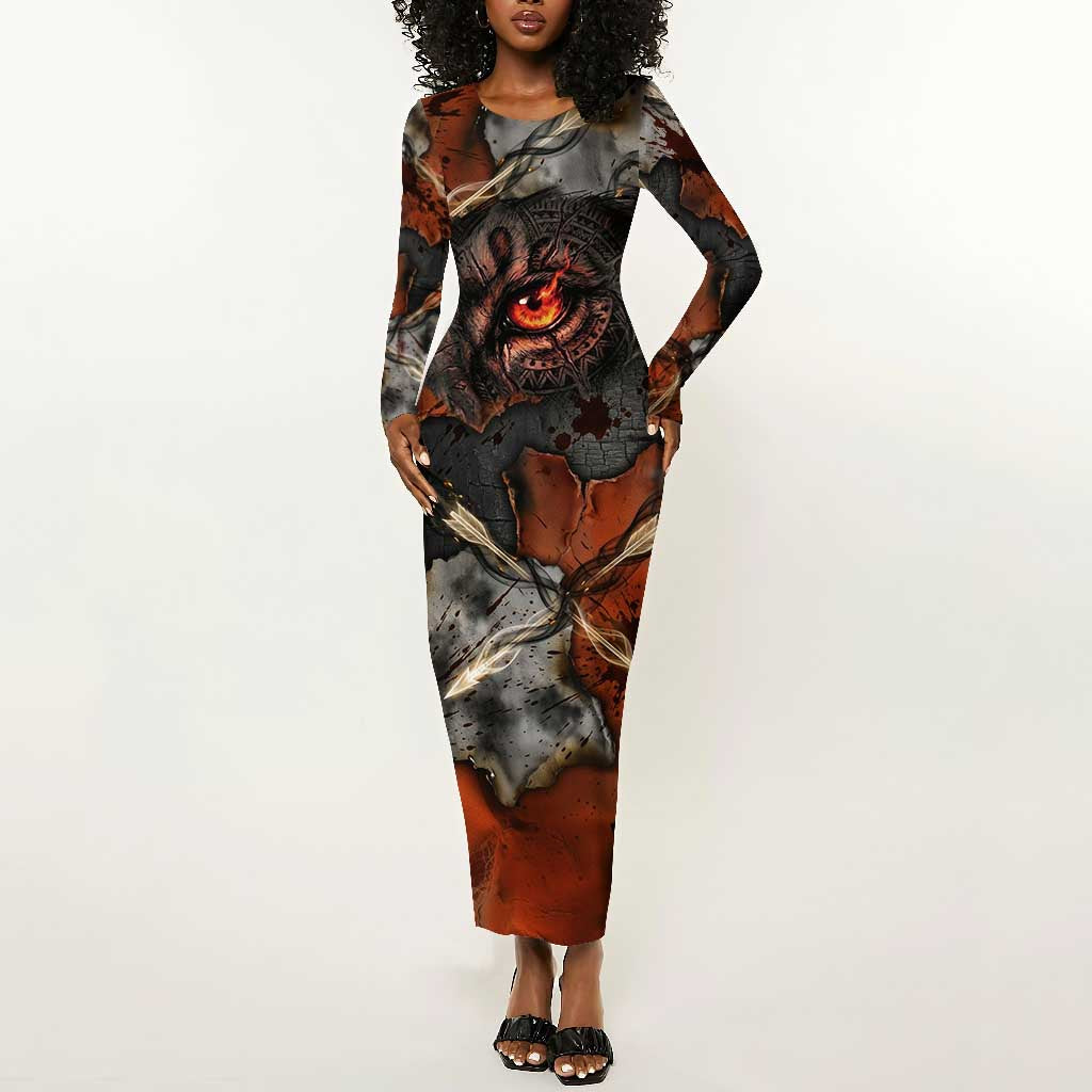 Menhit Egyptian Long Sleeve Bodycon Dress Warrior Goddess Fiery Lion Eye Arrows and Blood Battle