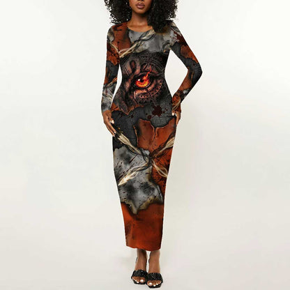 Menhit Egyptian Long Sleeve Bodycon Dress Warrior Goddess Fiery Lion Eye Arrows and Blood Battle