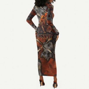 Menhit Egyptian Long Sleeve Bodycon Dress Warrior Goddess Fiery Lion Eye Arrows and Blood Battle