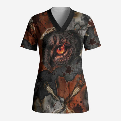 Menhit Egyptian Scrub Top Warrior Goddess Fiery Lion Eye Arrows and Blood Battle