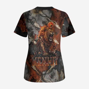 Menhit Egyptian Scrub Top Warrior Goddess Fiery Lion Eye Arrows and Blood Battle
