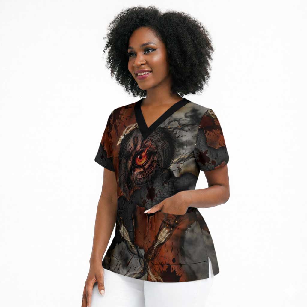 Menhit Egyptian Scrub Top Warrior Goddess Fiery Lion Eye Arrows and Blood Battle