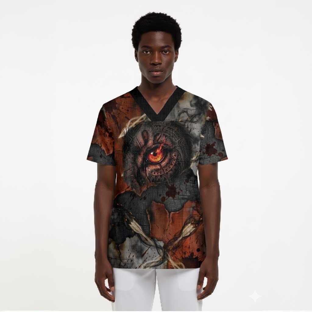 Menhit Egyptian Scrub Top Warrior Goddess Fiery Lion Eye Arrows and Blood Battle