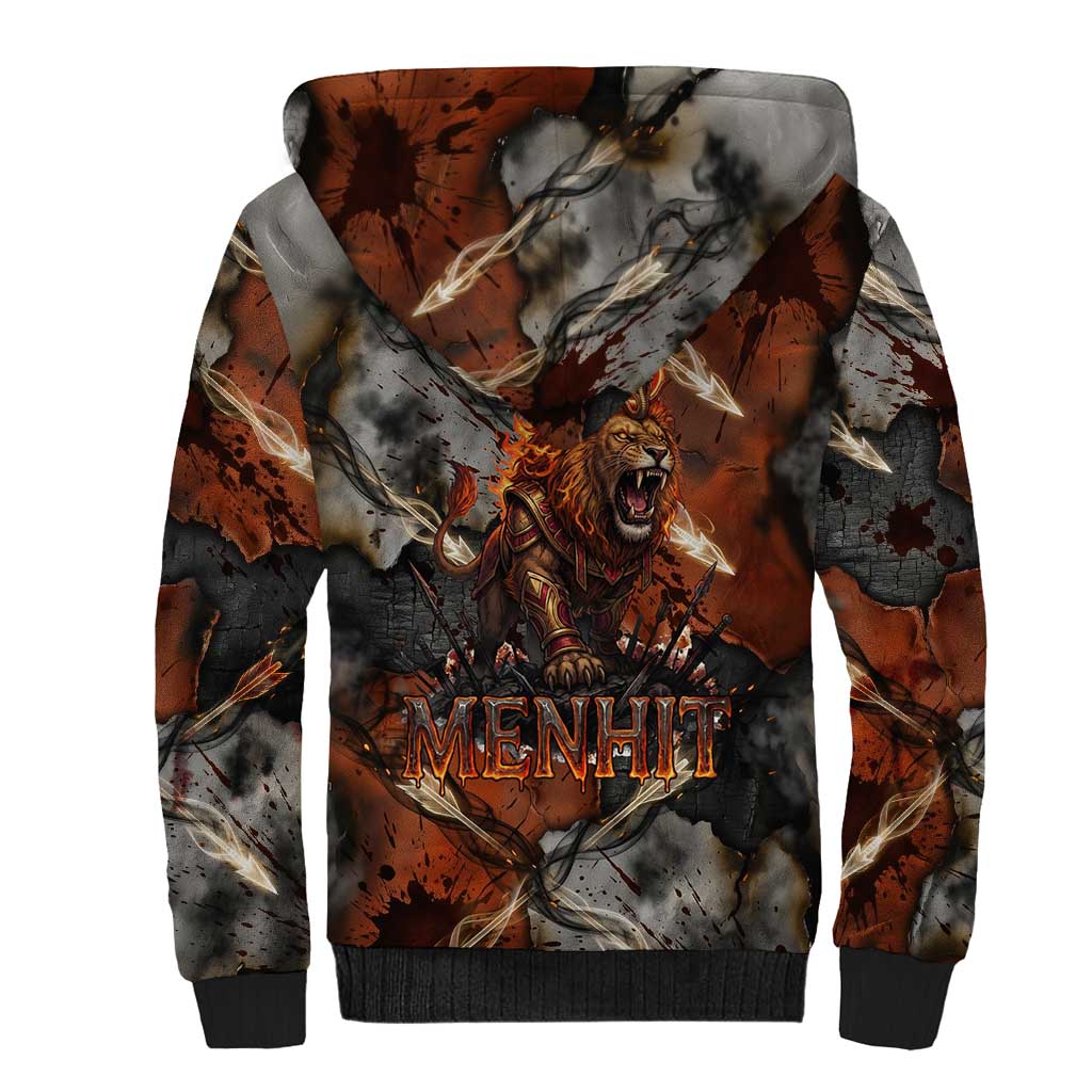 Menhit Egyptian Sherpa Hoodie Warrior Goddess Fiery Lion Eye Arrows and Blood Battle
