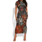 Menhit Egyptian Short Sleeve Bodycon Dress Warrior Goddess Fiery Lion Eye Arrows and Blood Battle