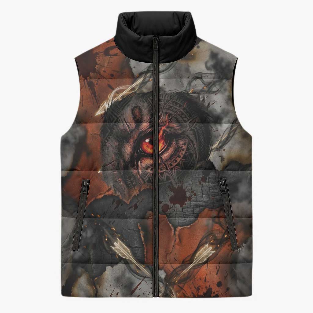 Menhit Egyptian Sleeveless Puffer Jacket Warrior Goddess Fiery Lion Eye Arrows and Blood Battle