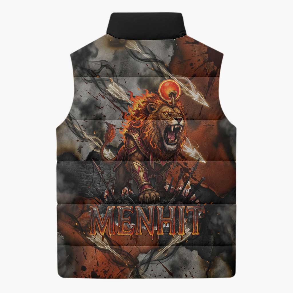 Menhit Egyptian Sleeveless Puffer Jacket Warrior Goddess Fiery Lion Eye Arrows and Blood Battle