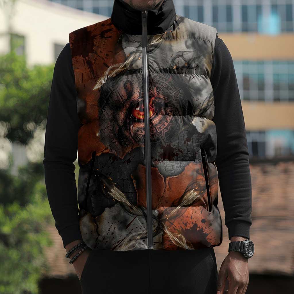 Menhit Egyptian Sleeveless Puffer Jacket Warrior Goddess Fiery Lion Eye Arrows and Blood Battle