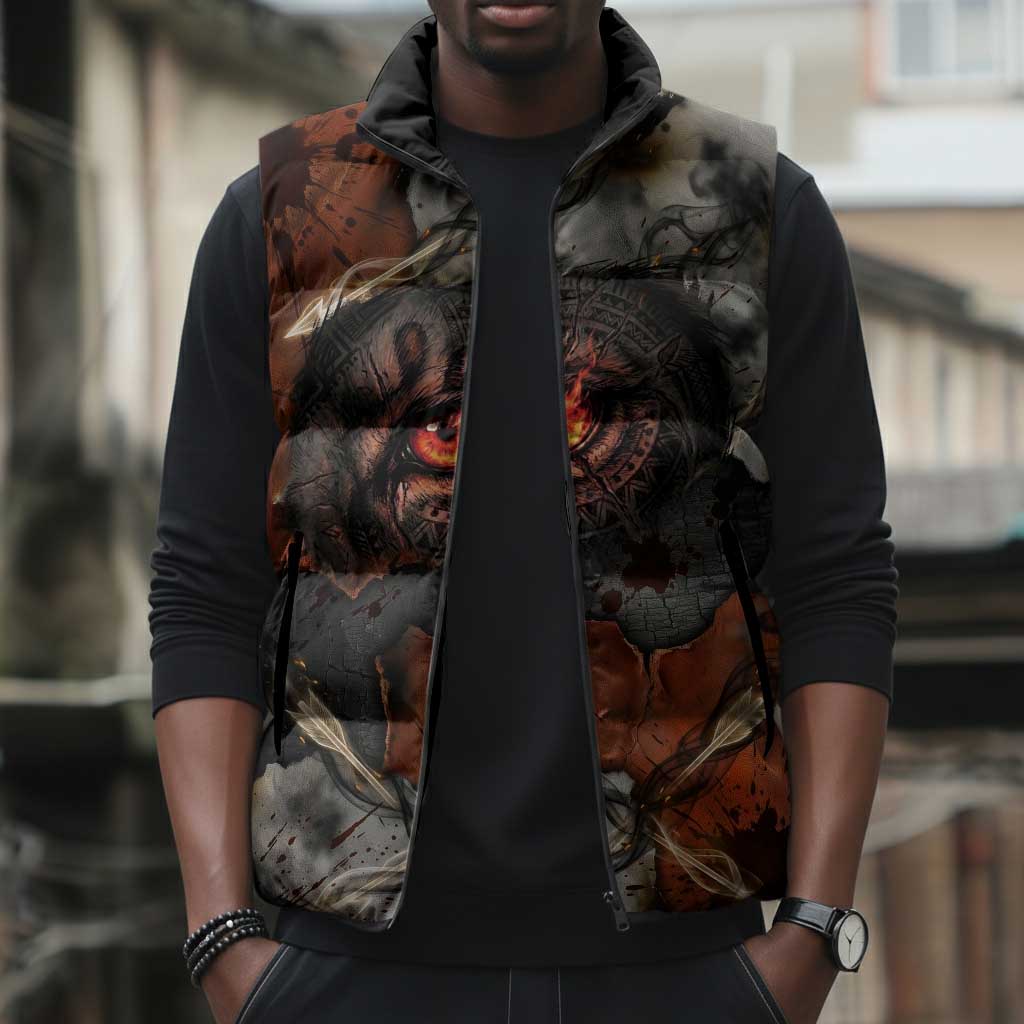 Menhit Egyptian Sleeveless Puffer Jacket Warrior Goddess Fiery Lion Eye Arrows and Blood Battle