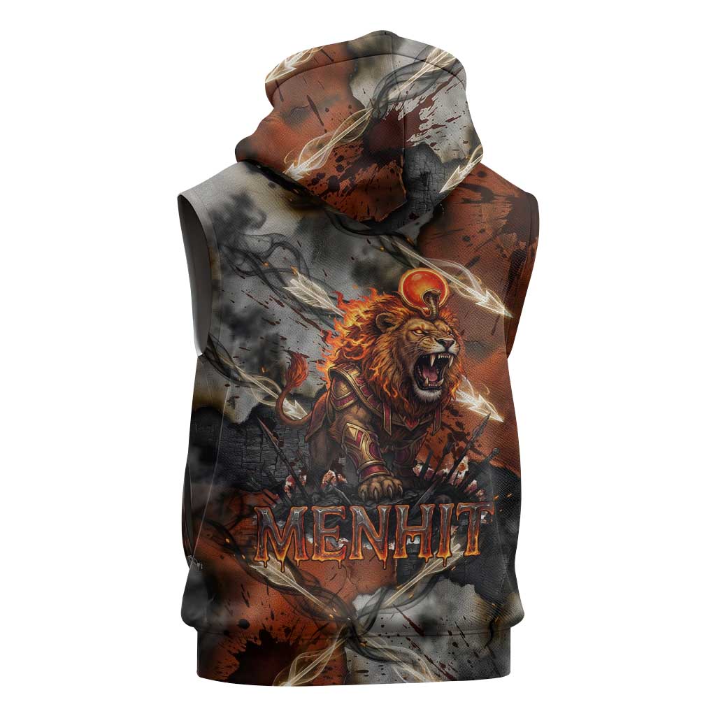 Menhit Egyptian Sleeveless Zip Hoodie Warrior Goddess Fiery Lion Eye Arrows and Blood Battle