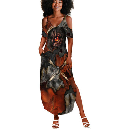 Menhit Egyptian Summer Maxi Dress Warrior Goddess Fiery Lion Eye Arrows and Blood Battle