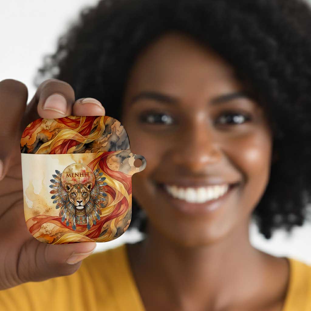 Menhit AirPods Case Lioness Warrior Goddess Uraeus Serpent Fire and Feathers Ancient Egyptian