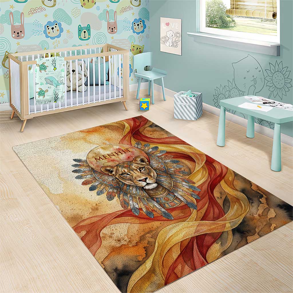 Menhit Area Rug Lioness Warrior Goddess Uraeus Serpent Fire and Feathers Ancient Egyptian