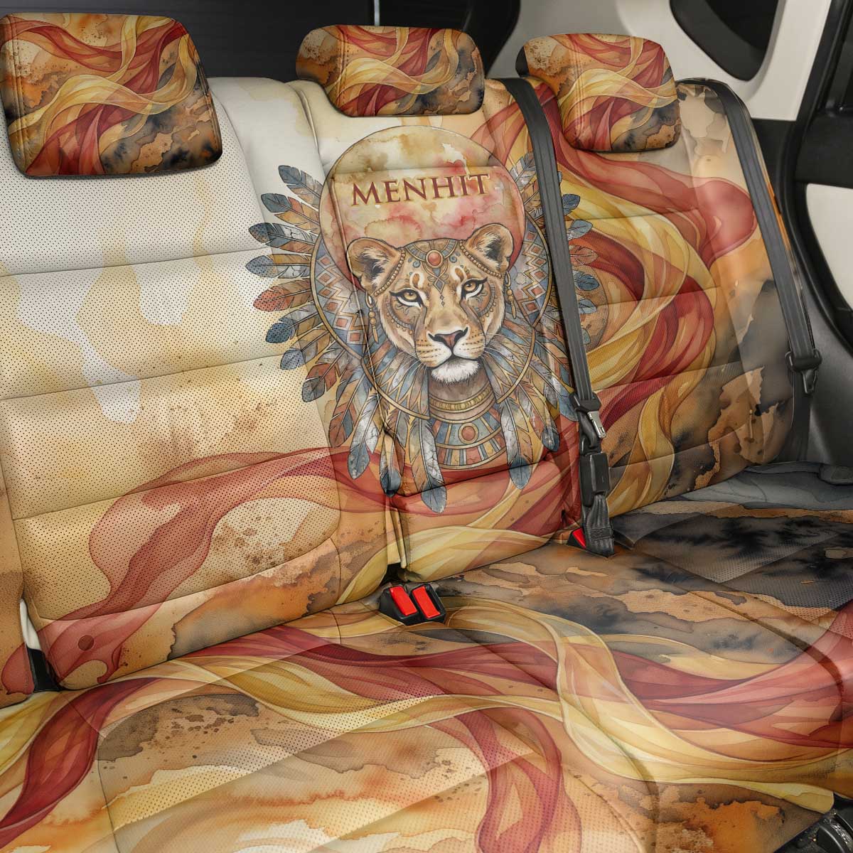 Menhit Back Car Seat Cover Lioness Warrior Goddess Uraeus Serpent Fire and Feathers Ancient Egyptian