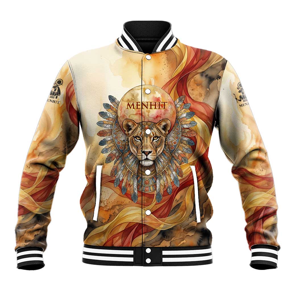 Menhit Baseball Jacket Lioness Warrior Goddess Uraeus Serpent Fire and Feathers Ancient Egyptian