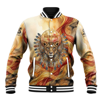 Menhit Baseball Jacket Lioness Warrior Goddess Uraeus Serpent Fire and Feathers Ancient Egyptian