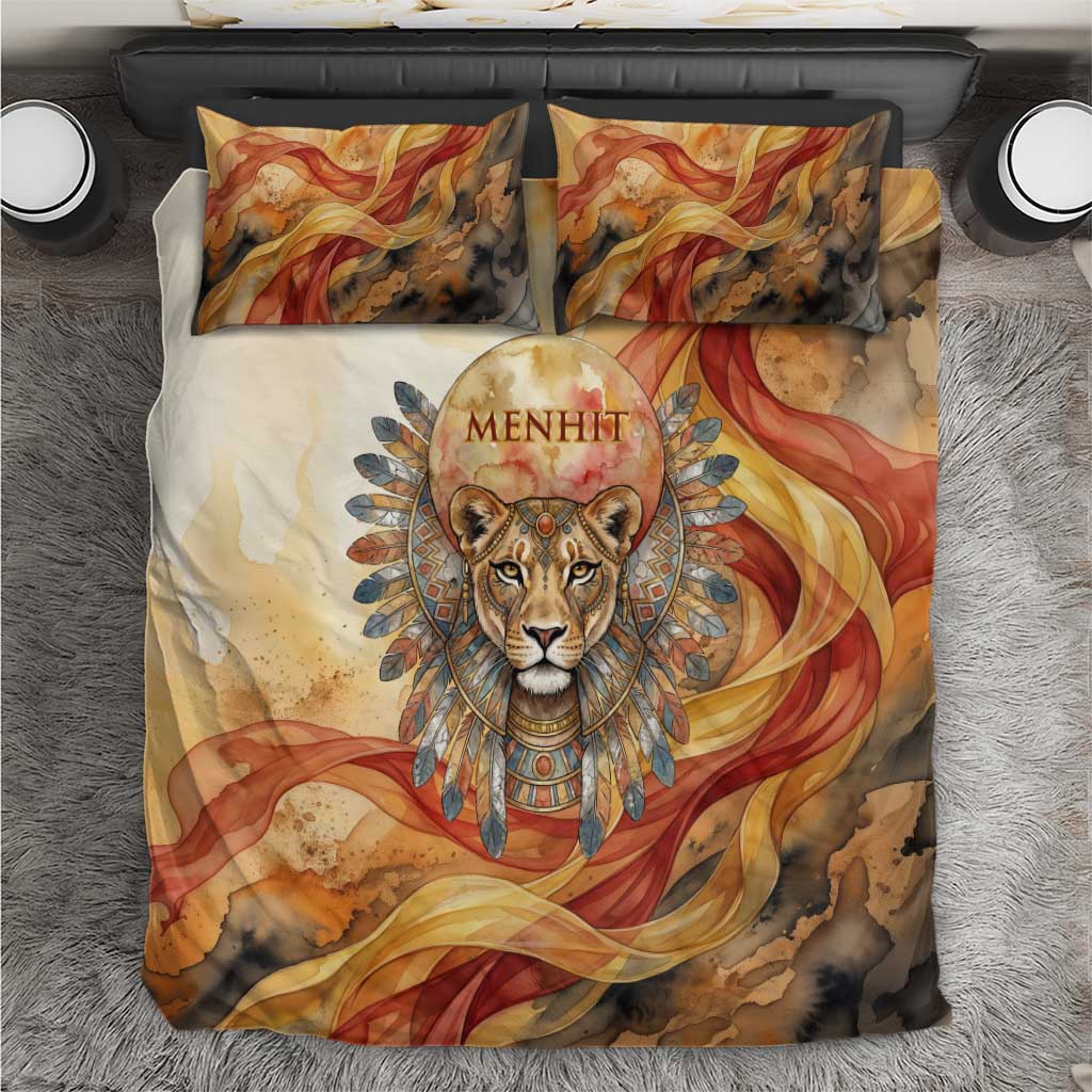 Menhit Bedding Set Lioness Warrior Goddess Uraeus Serpent Fire and Feathers Ancient Egyptian