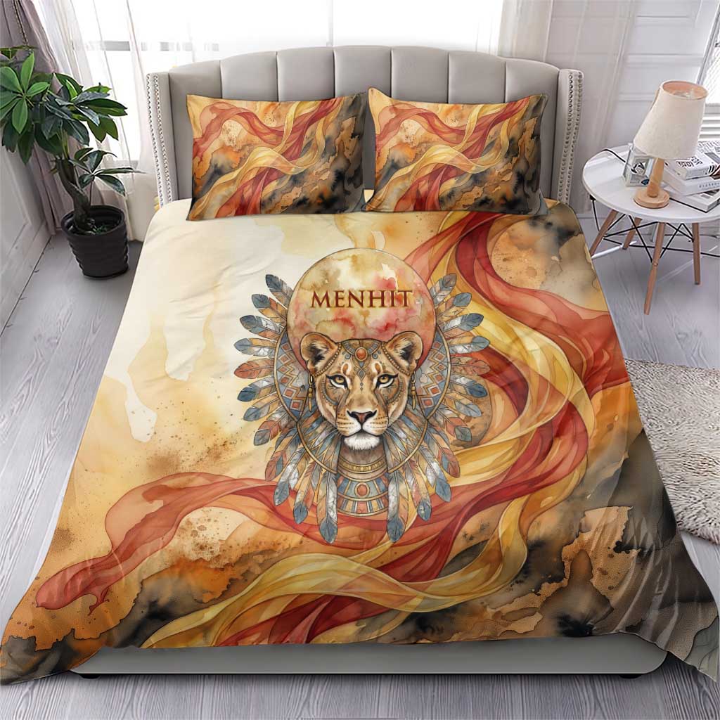 Menhit Bedding Set Lioness Warrior Goddess Uraeus Serpent Fire and Feathers Ancient Egyptian