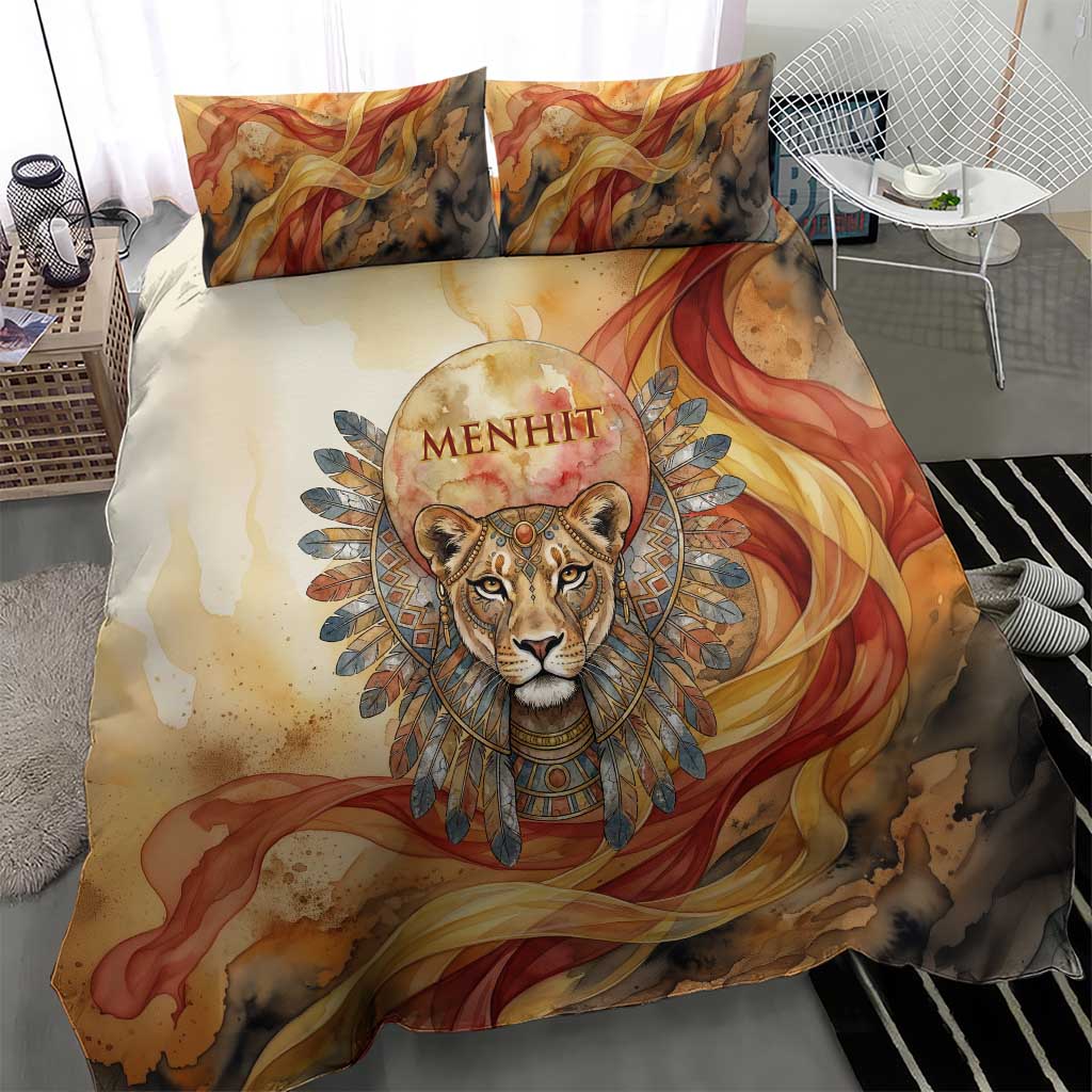 Menhit Bedding Set Lioness Warrior Goddess Uraeus Serpent Fire and Feathers Ancient Egyptian