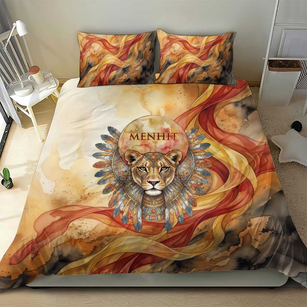 Menhit Bedding Set Lioness Warrior Goddess Uraeus Serpent Fire and Feathers Ancient Egyptian