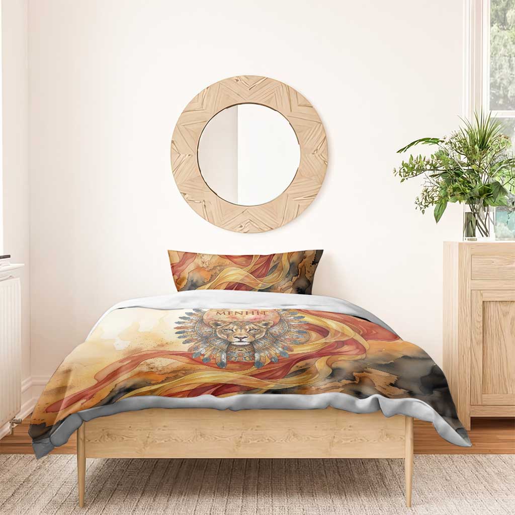 Menhit Bedding Set Lioness Warrior Goddess Uraeus Serpent Fire and Feathers Ancient Egyptian