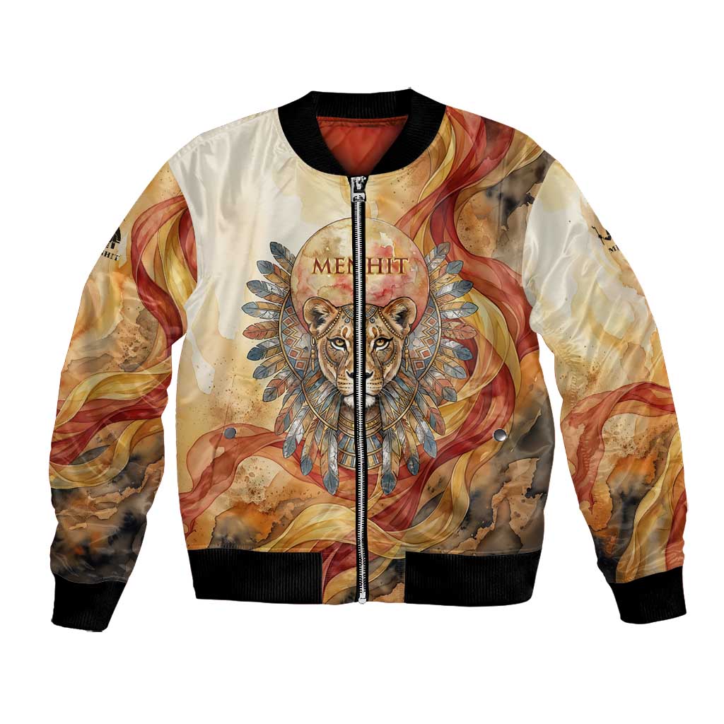 Menhit Bomber Jacket Lioness Warrior Goddess Uraeus Serpent Fire and Feathers Ancient Egyptian