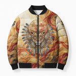 Menhit Bomber Puffer Jacket Lioness Warrior Goddess Uraeus Serpent Fire and Feathers Ancient Egyptian