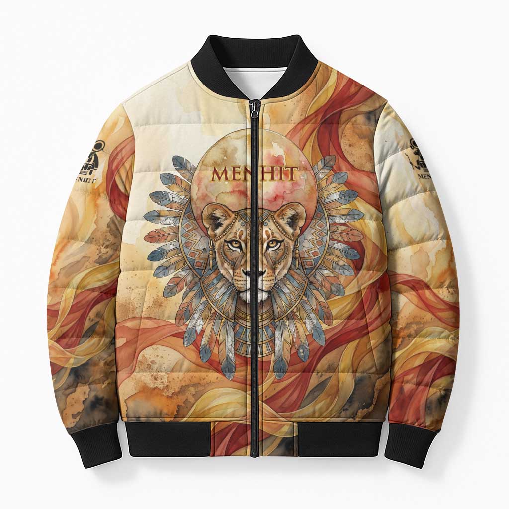 Menhit Bomber Puffer Jacket Lioness Warrior Goddess Uraeus Serpent Fire and Feathers Ancient Egyptian