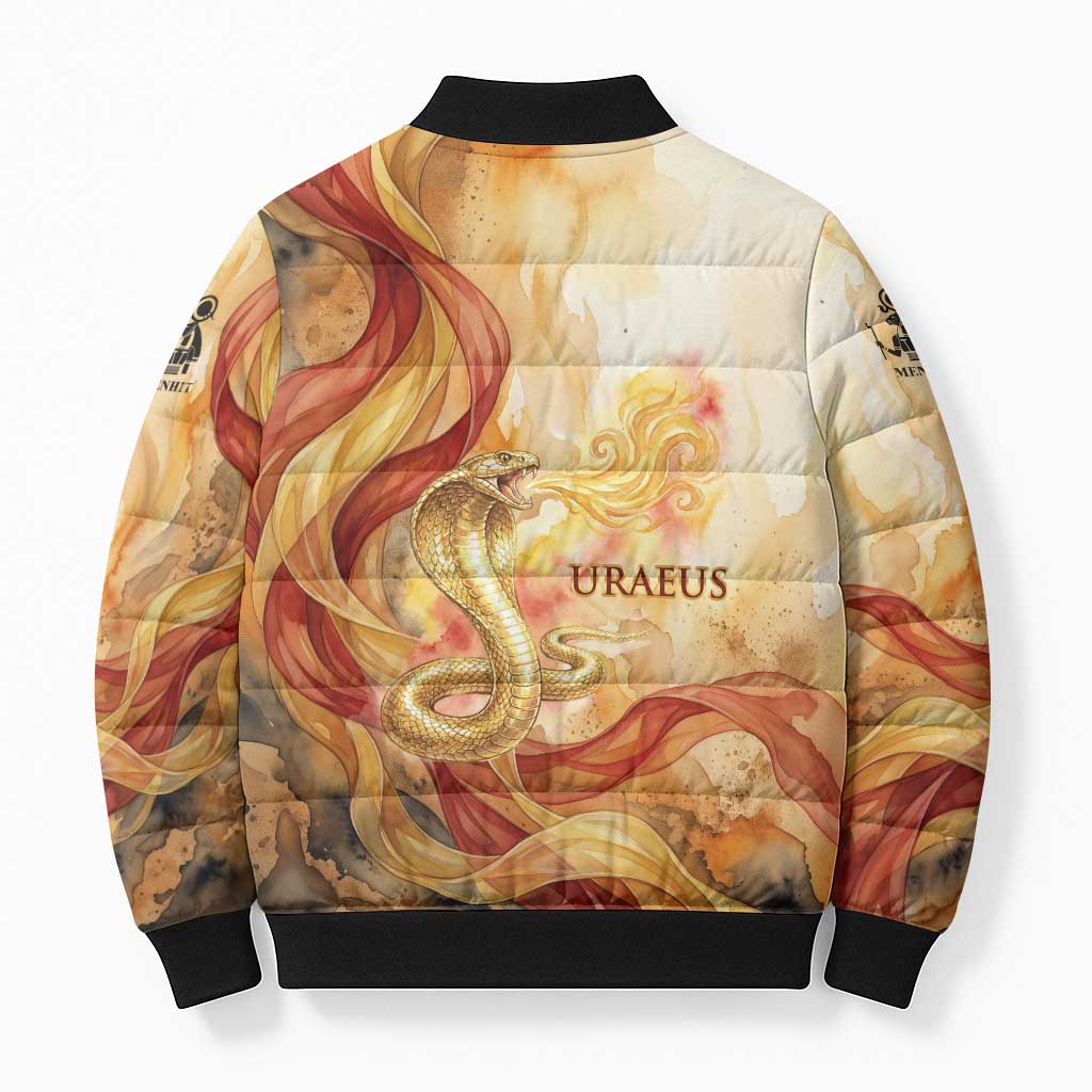 Menhit Bomber Puffer Jacket Lioness Warrior Goddess Uraeus Serpent Fire and Feathers Ancient Egyptian
