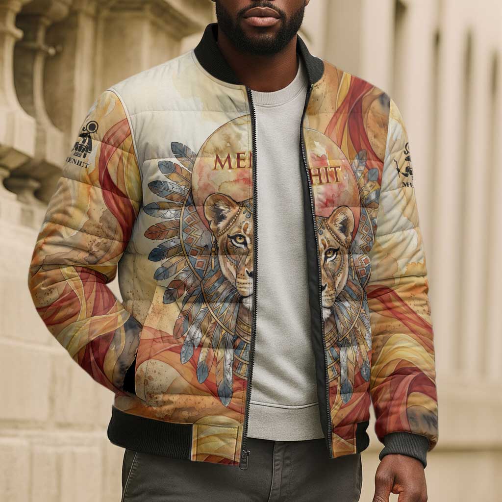 Menhit Bomber Puffer Jacket Lioness Warrior Goddess Uraeus Serpent Fire and Feathers Ancient Egyptian