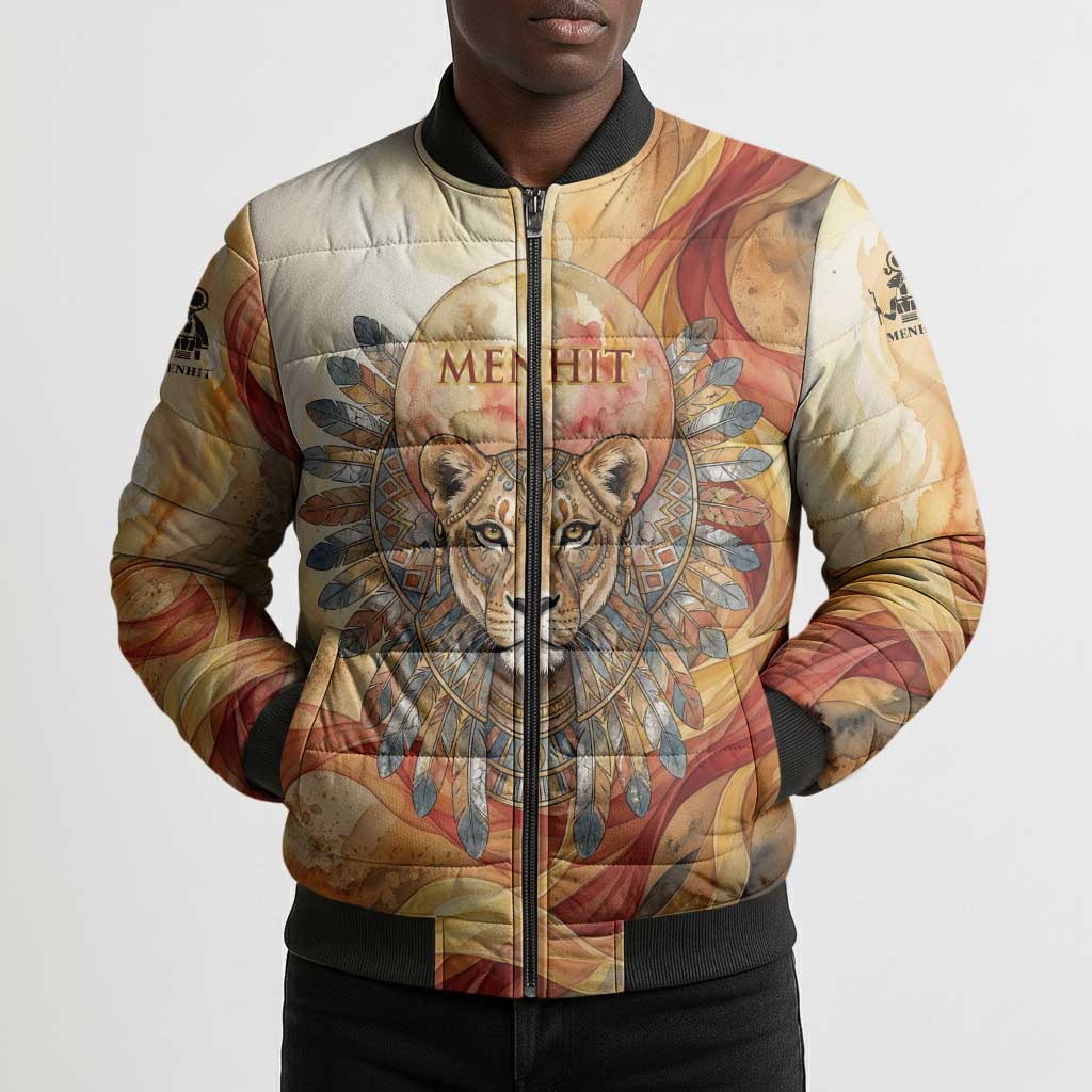 Menhit Bomber Puffer Jacket Lioness Warrior Goddess Uraeus Serpent Fire and Feathers Ancient Egyptian