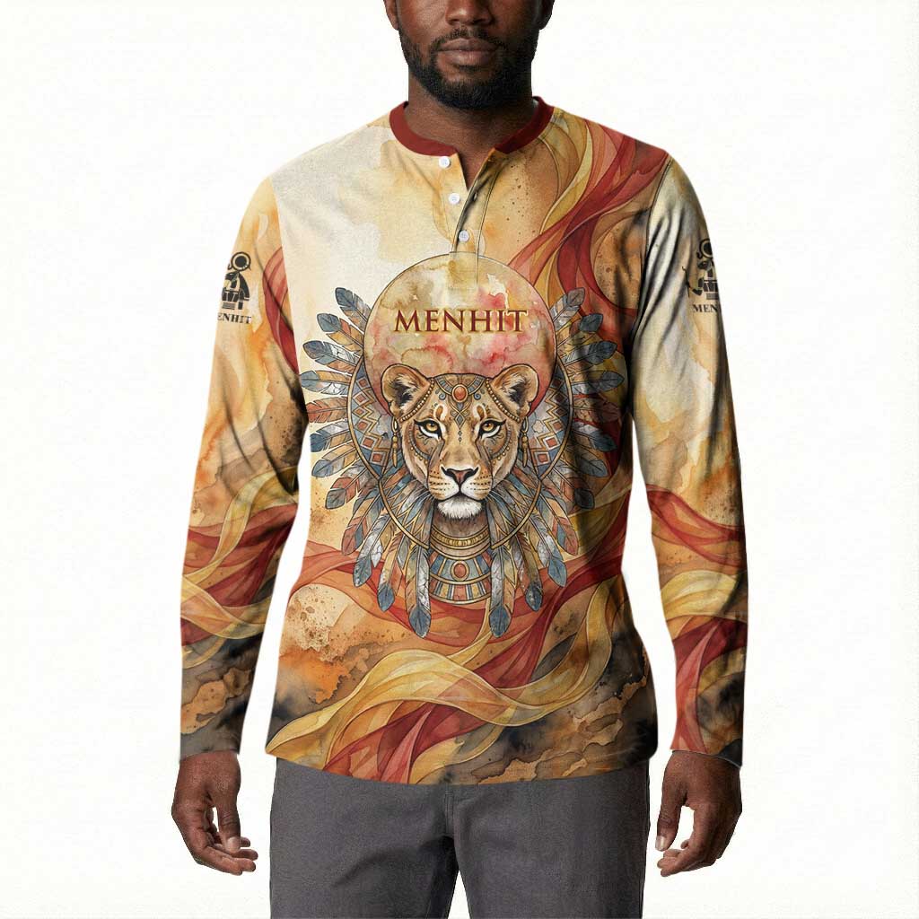 Menhit Button Sweatshirt Lioness Warrior Goddess Uraeus Serpent Fire and Feathers Ancient Egyptian