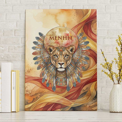 Menhit Canvas Wall Art Lioness Warrior Goddess Uraeus Serpent Fire and Feathers Ancient Egyptian