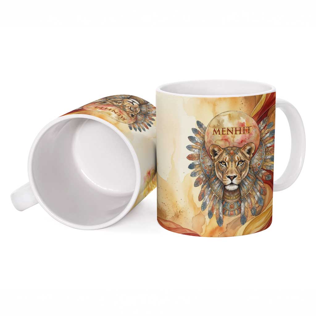 Menhit Ceramic Mug Lioness Warrior Goddess Uraeus Serpent Fire and Feathers Ancient Egyptian