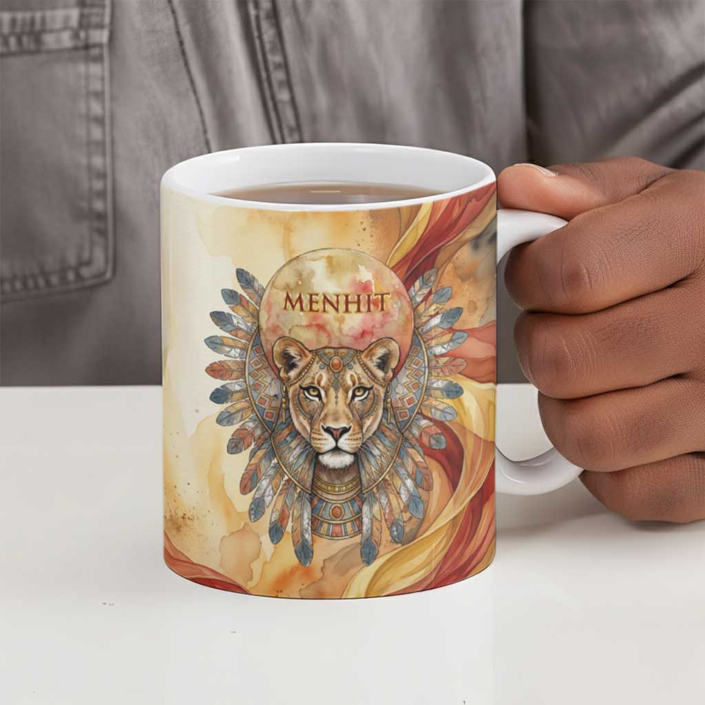 Menhit Ceramic Mug Lioness Warrior Goddess Uraeus Serpent Fire and Feathers Ancient Egyptian