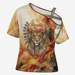 Menhit Cross Shoulder Shirt Lioness Warrior Goddess Uraeus Serpent Fire and Feathers Ancient Egyptian