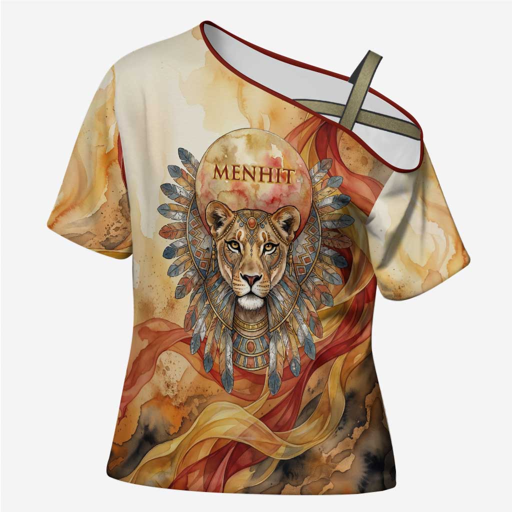 Menhit Cross Shoulder Shirt Lioness Warrior Goddess Uraeus Serpent Fire and Feathers Ancient Egyptian