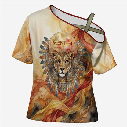 Menhit Cross Shoulder Shirt Lioness Warrior Goddess Uraeus Serpent Fire and Feathers Ancient Egyptian