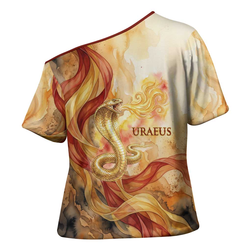 Menhit Cross Shoulder Shirt Lioness Warrior Goddess Uraeus Serpent Fire and Feathers Ancient Egyptian