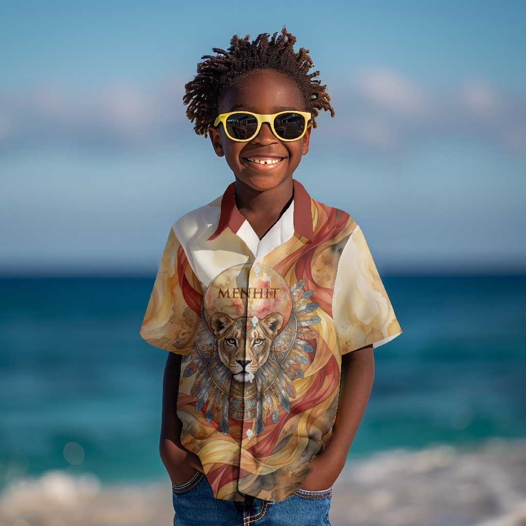 Menhit Kid Hawaiian Shirt Lioness Warrior Goddess Uraeus Serpent Fire and Feathers Ancient Egyptian
