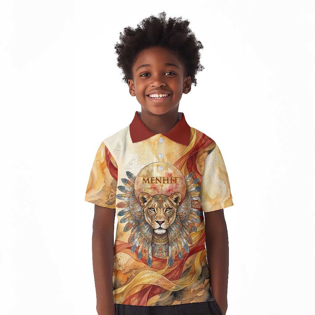 Menhit Kid Polo Shirt Lioness Warrior Goddess Uraeus Serpent Fire and Feathers Ancient Egyptian