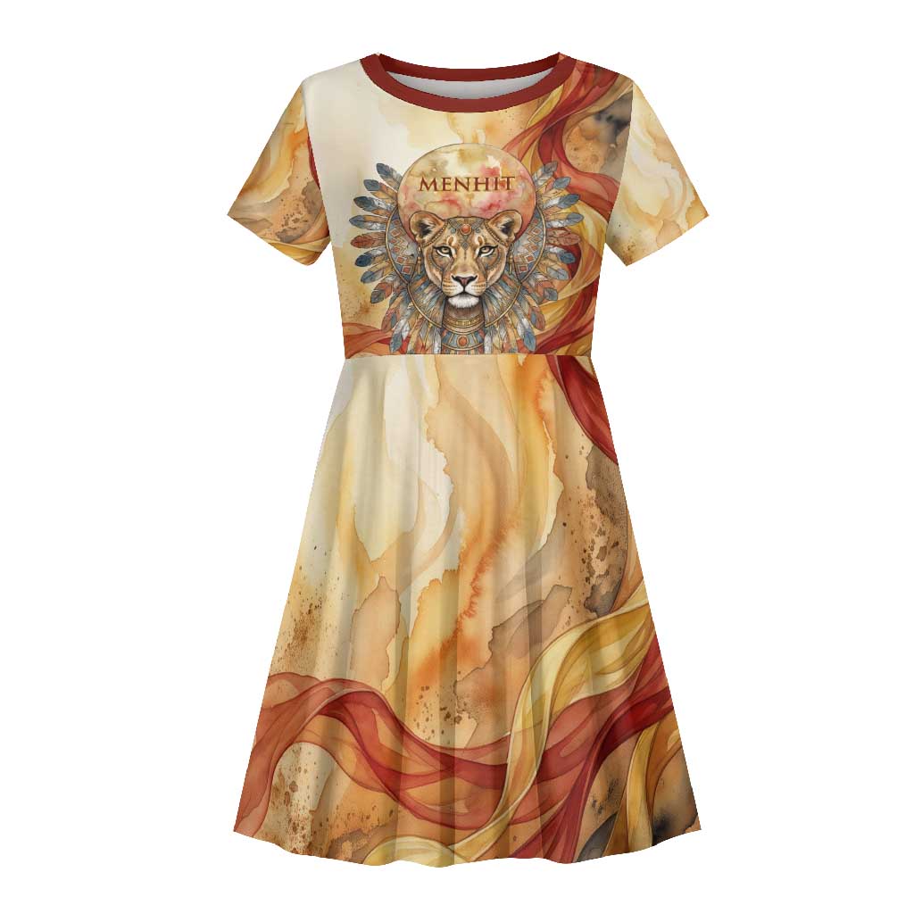 Menhit Kid Short Sleeve Dress Lioness Warrior Goddess Uraeus Serpent Fire and Feathers Ancient Egyptian
