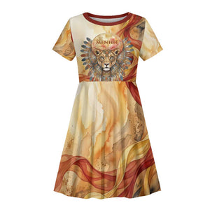 Menhit Kid Short Sleeve Dress Lioness Warrior Goddess Uraeus Serpent Fire and Feathers Ancient Egyptian