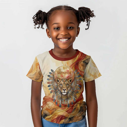 Menhit Kid T shirt Lioness Warrior Goddess Uraeus Serpent Fire and Feathers Ancient Egyptian